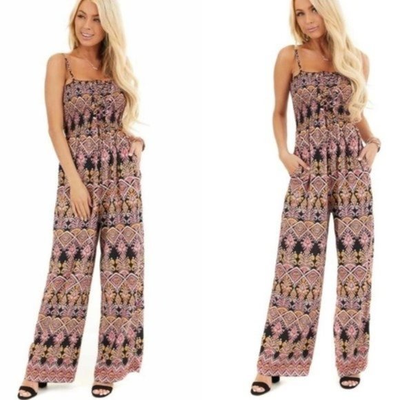 Black Floral Smocked Jumpsuit - Picture 2 of 3